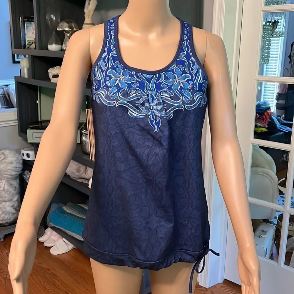 Athleta Blue Print Band Bra Racerback Side Tie Swim Tank Top sz S EUC